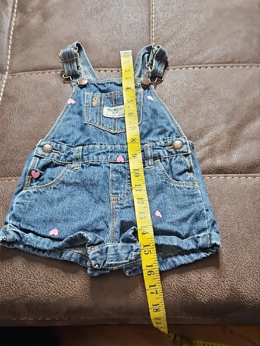 OshKosh B'gosh Blue Denim Shortall with Pink Hearts 12 Months